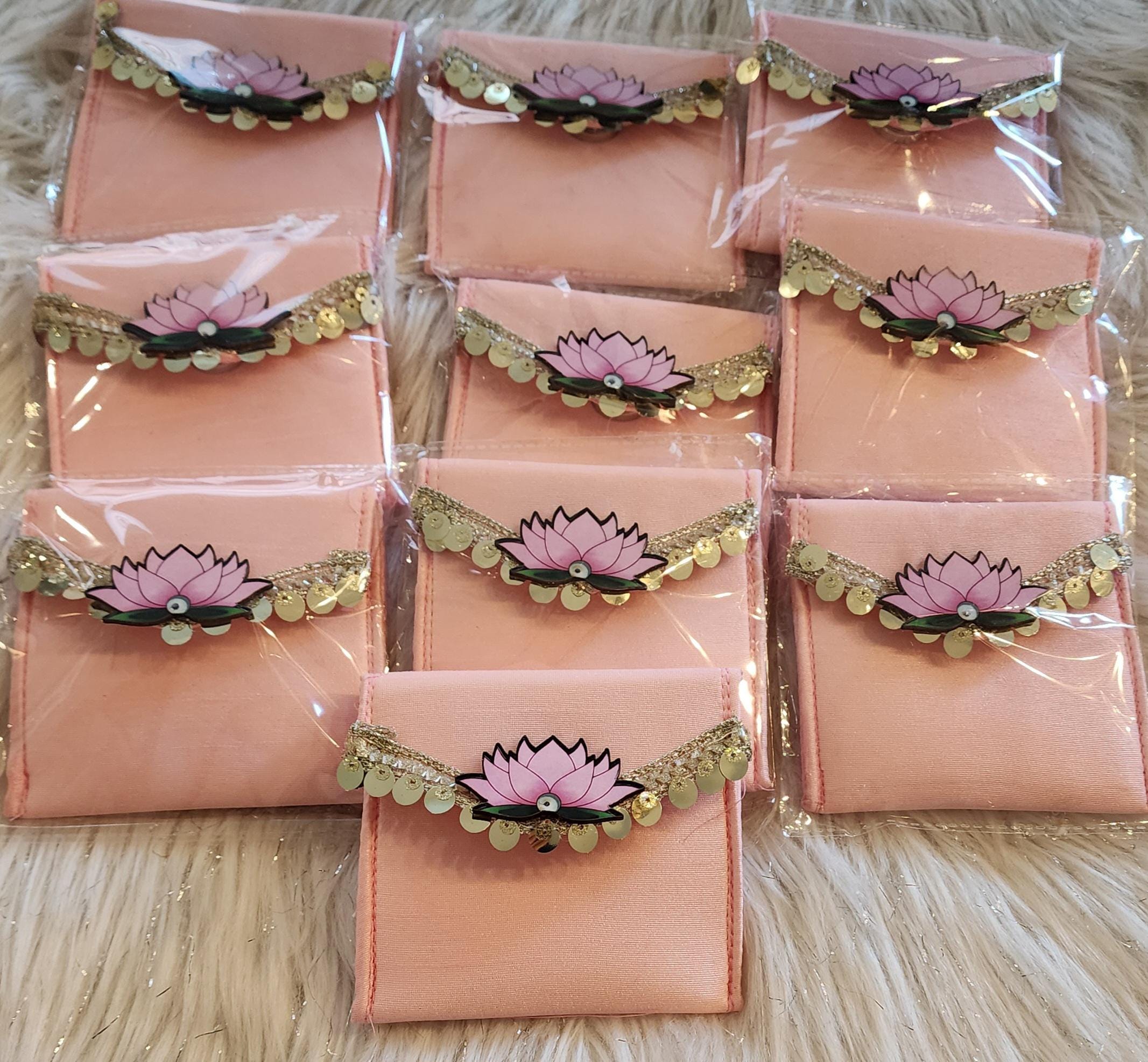 Set of 5 Handcrafted Lotus Pouches: Colorful Diwali Wedding Favors.