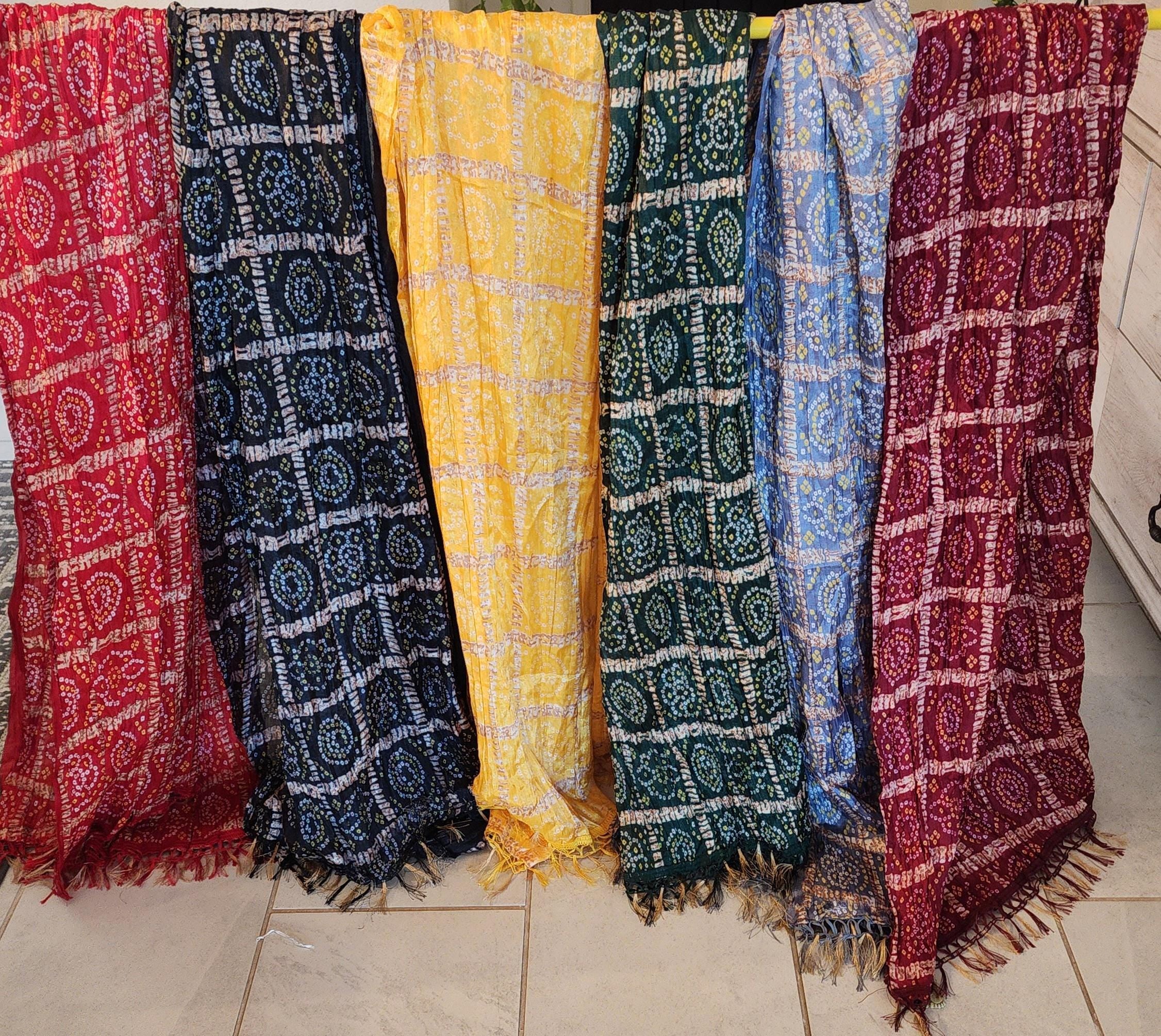Bandhani Art Silk Dupatta: Rajasthani Multi-Colored Scarf with Tassels