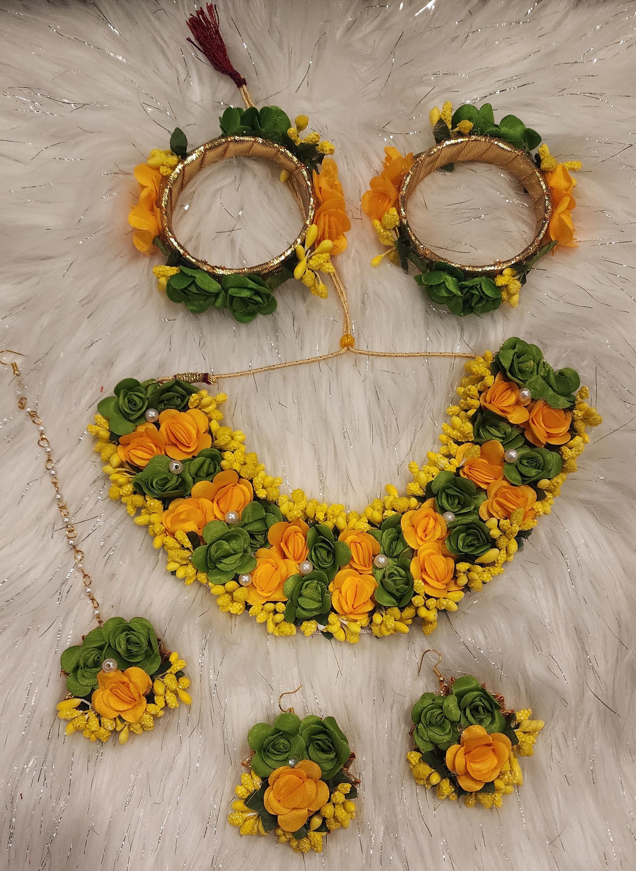 Floral Haldi Mehandi Jewelry Set: Indian Wedding Necklace, Earrings, Maang Tikka, Gajra