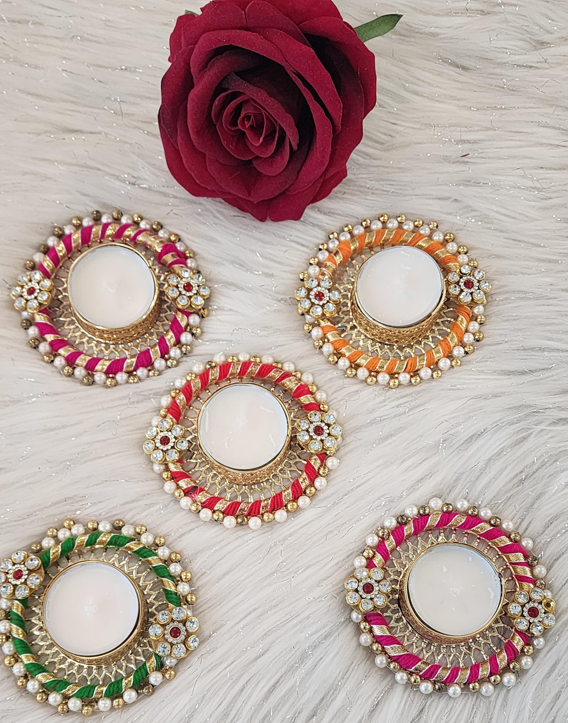 Handcrafted Kundan Tea Light Holder: Diwali Pooja Decor, Multi Color, 4 inch