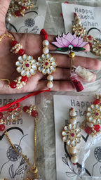 Handmade Kundan Couple Rakhi Set: Pearl Chain, Roli & Chawal