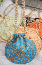 Diwali Potli Bag Set: Embroidered Pooja Gift, Housewarming Favors (5 Pcs)