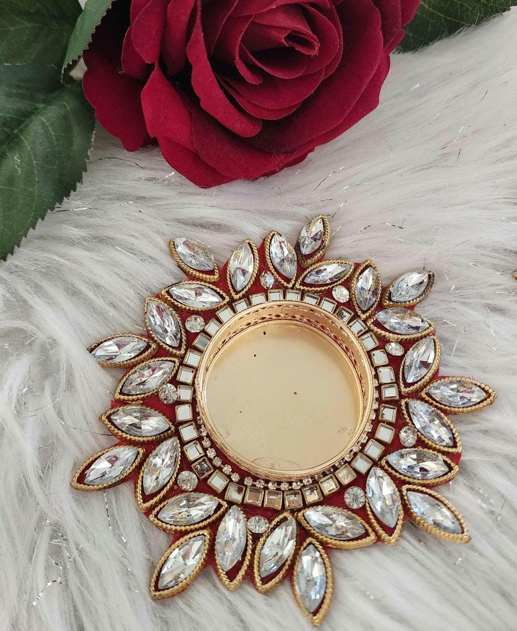 Kundan Tea Light Holder: Golden Diwali Pooja Decor, Wedding Favor