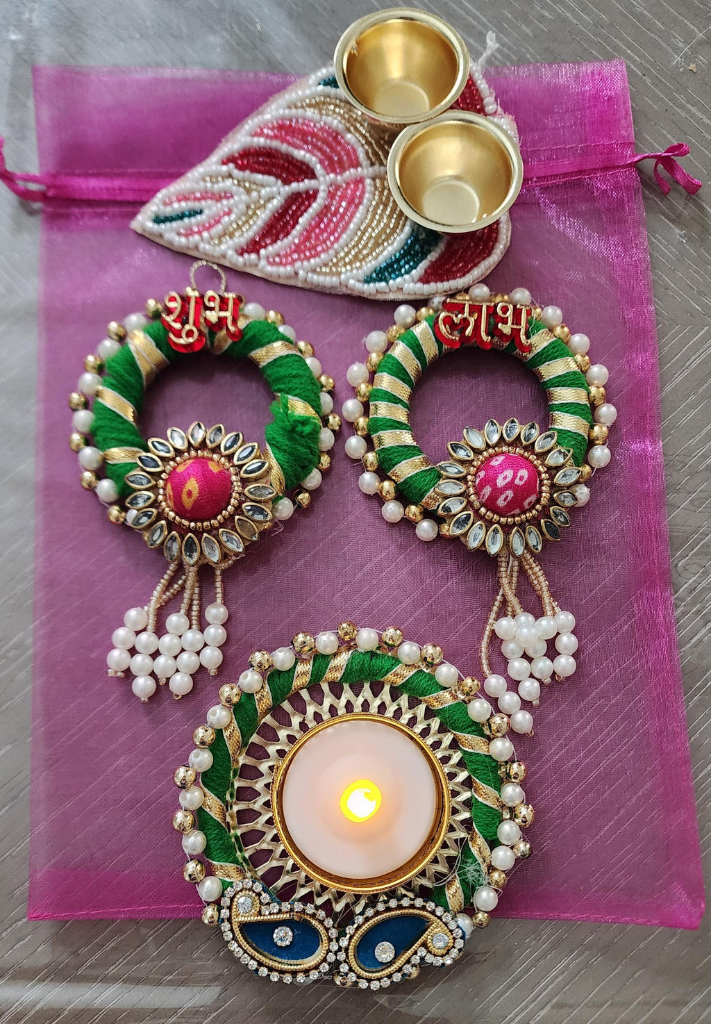 Potli Bag Set: Shubh Labh, Haldi Kumkum Plate, Diya - Indian Wedding Favors