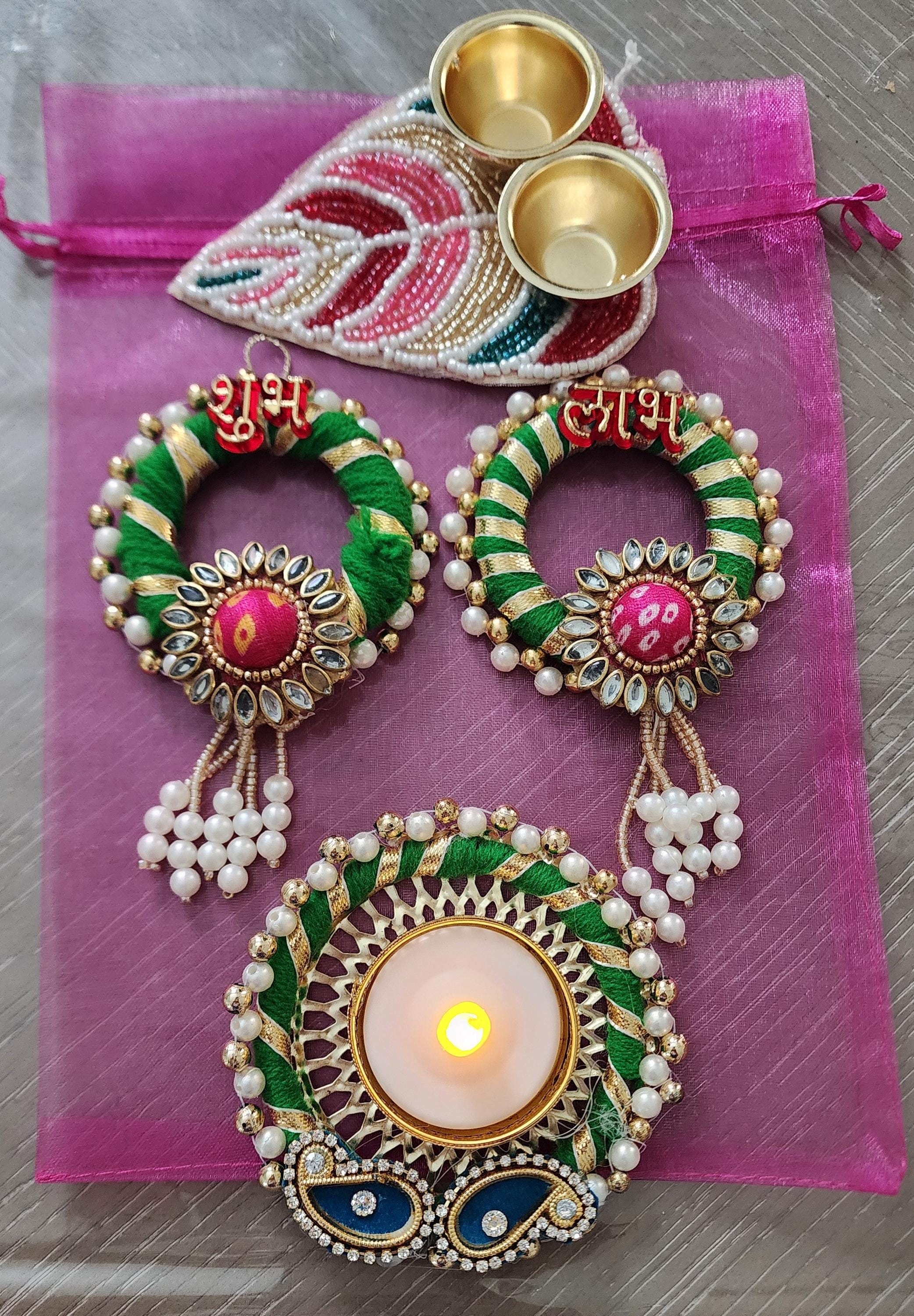 Potli Bag Set: Shubh Labh, Haldi Kumkum Plate, Diya - Indian Wedding Favors
