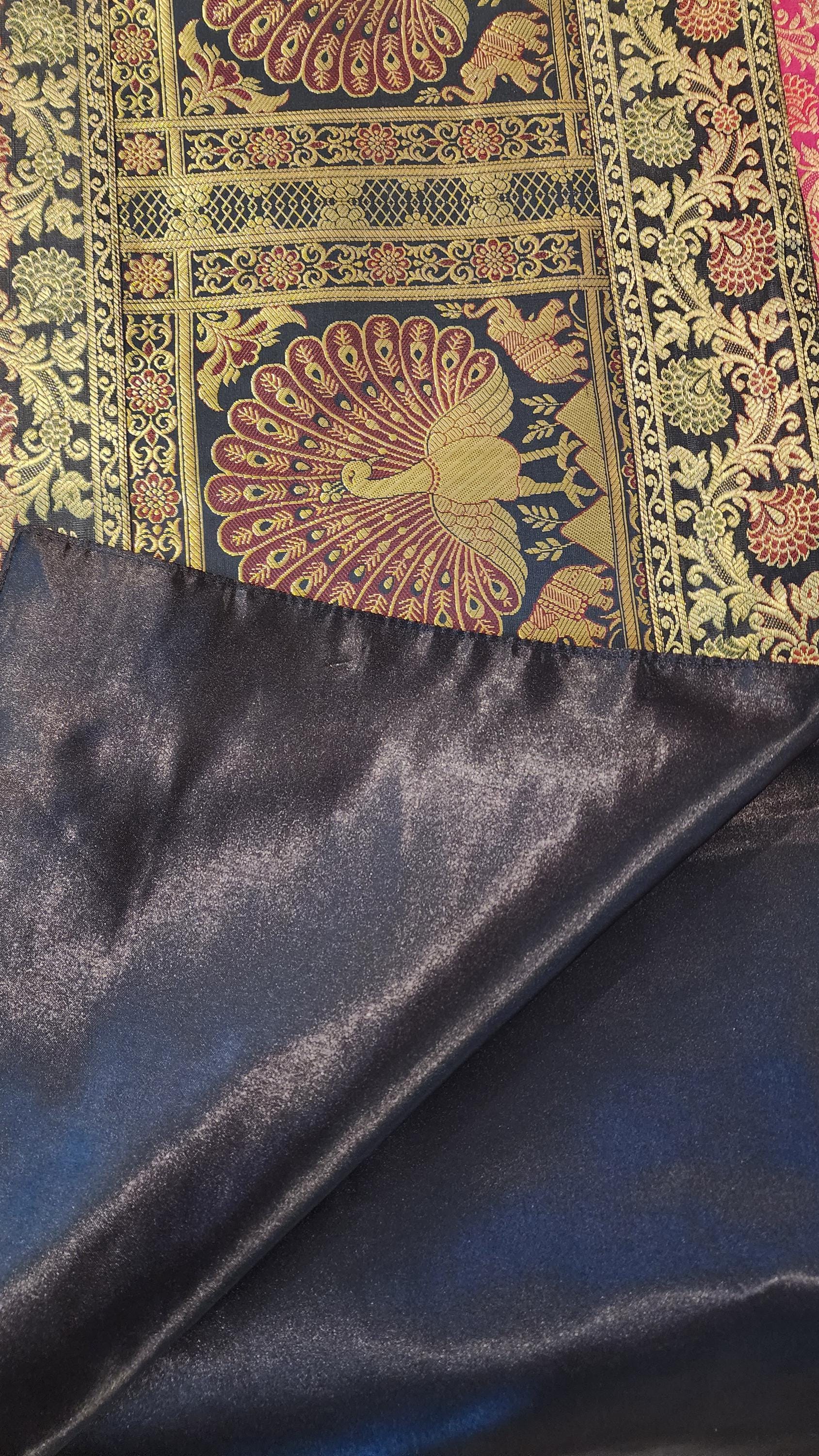 Peacock Print Silk Brocade Table Runner - Indian Decor (16x60 Inch)