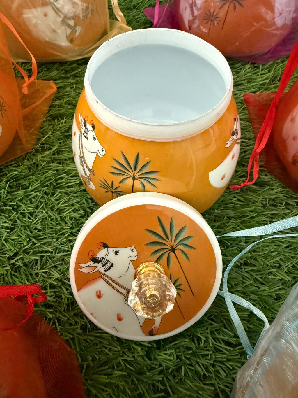 Pichwai Art Handmade Jar Nandi Cow Design, Copper Home Decor.