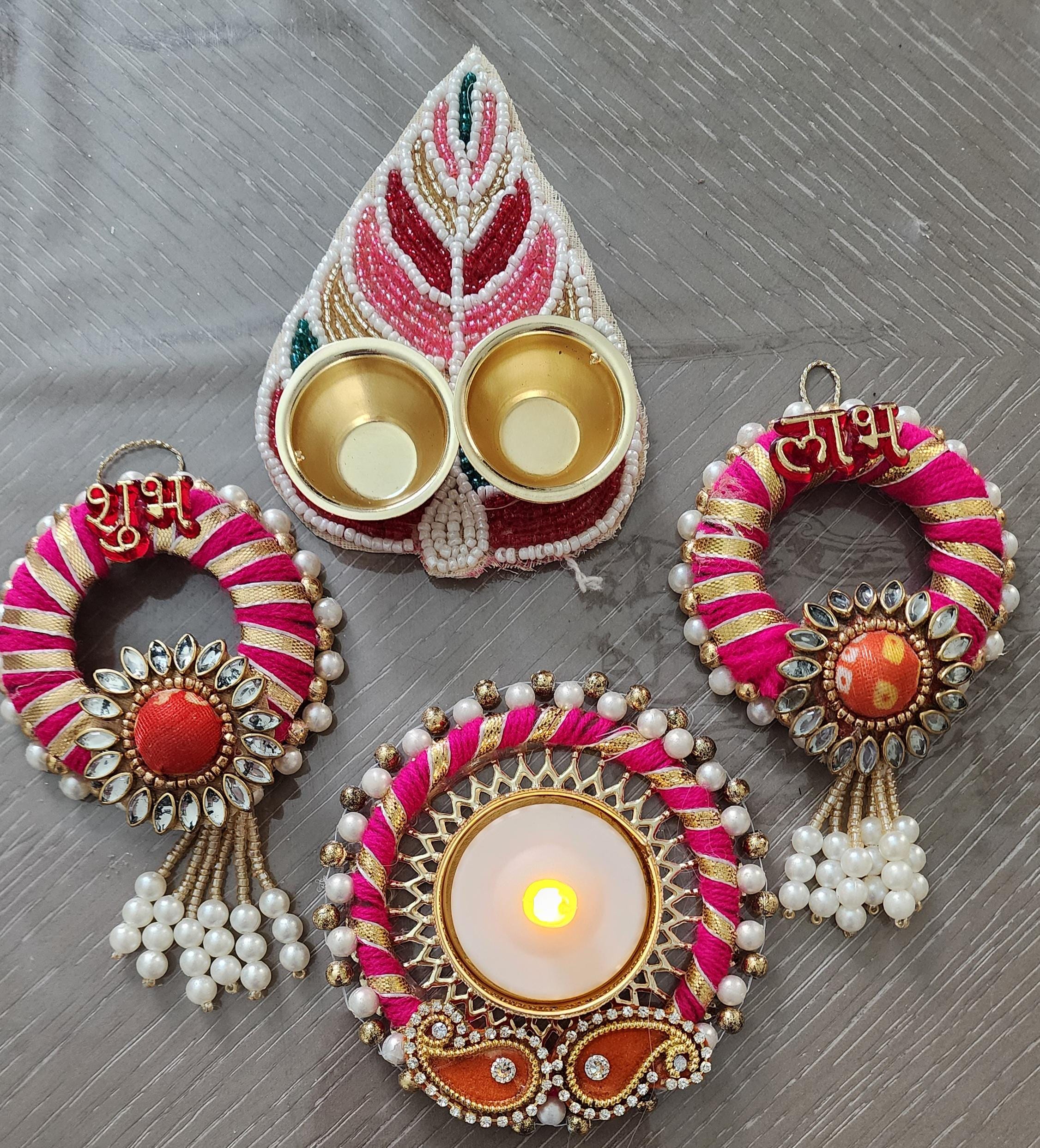 Potli Bag Set: Shubh Labh, Haldi Kumkum Plate, Diya - Indian Wedding Favors