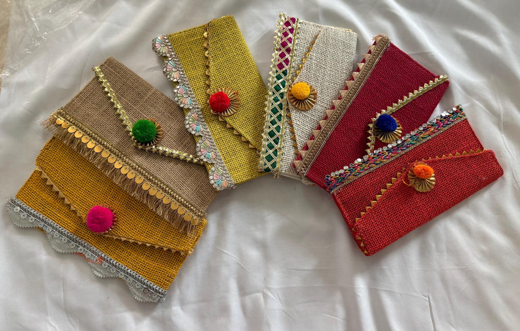 Jute Pom Pom Envelope Clutch: Wedding Sangeet Favor.