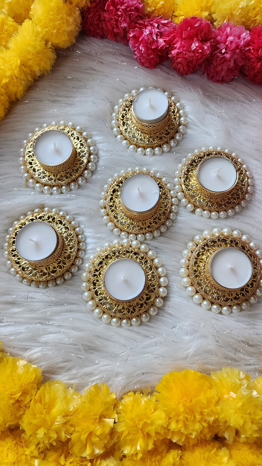 Golden Tea Light Holder: Pearl Base, Diwali Decoration.