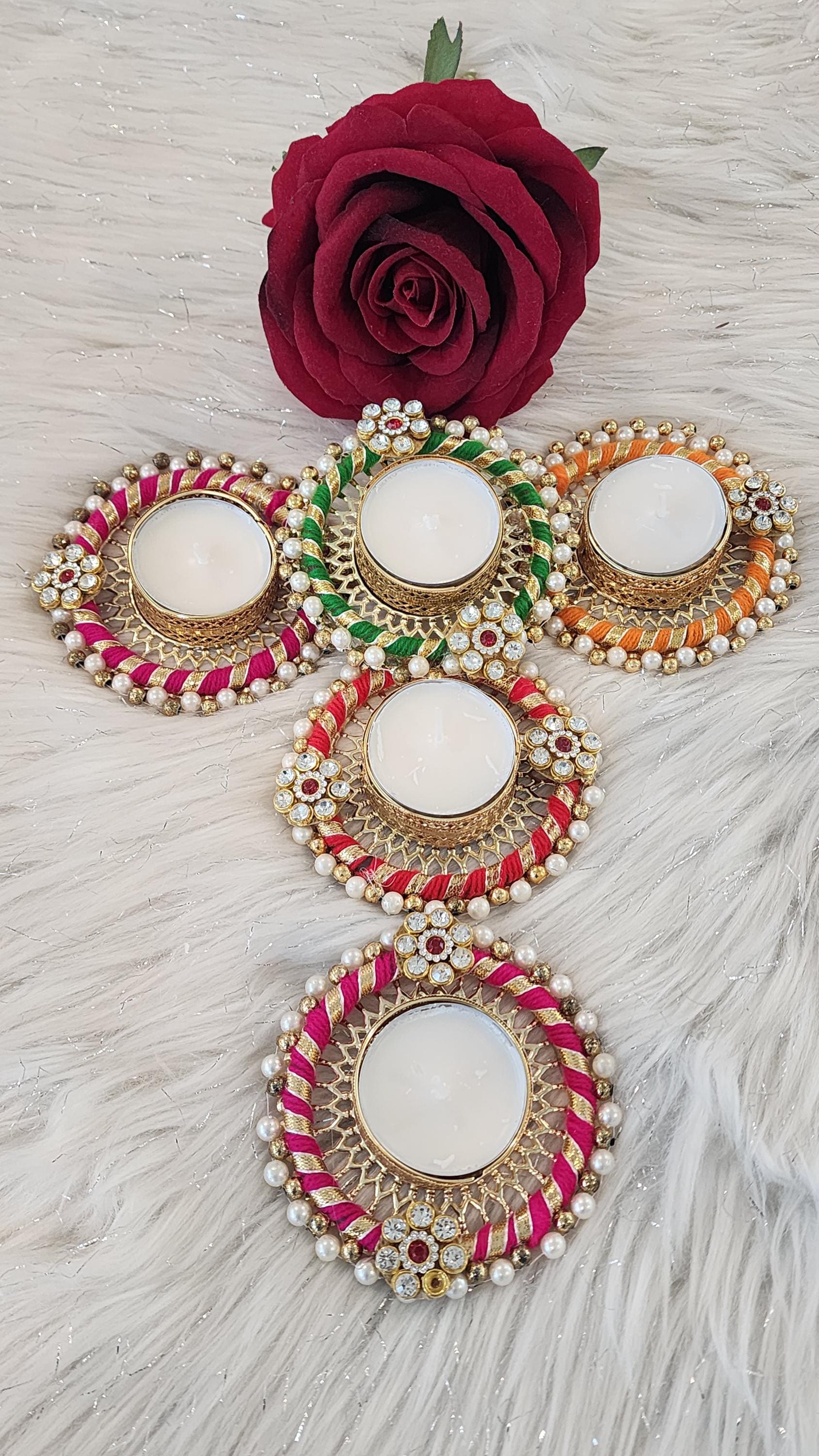 Handcrafted Kundan Tea Light Holder: Diwali Pooja Decor, Multi Color, 4 inch