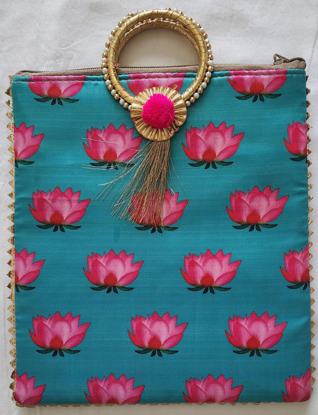 Pichwai Lotus Flower Silk Potli Bag: Multicolor Indian Gift