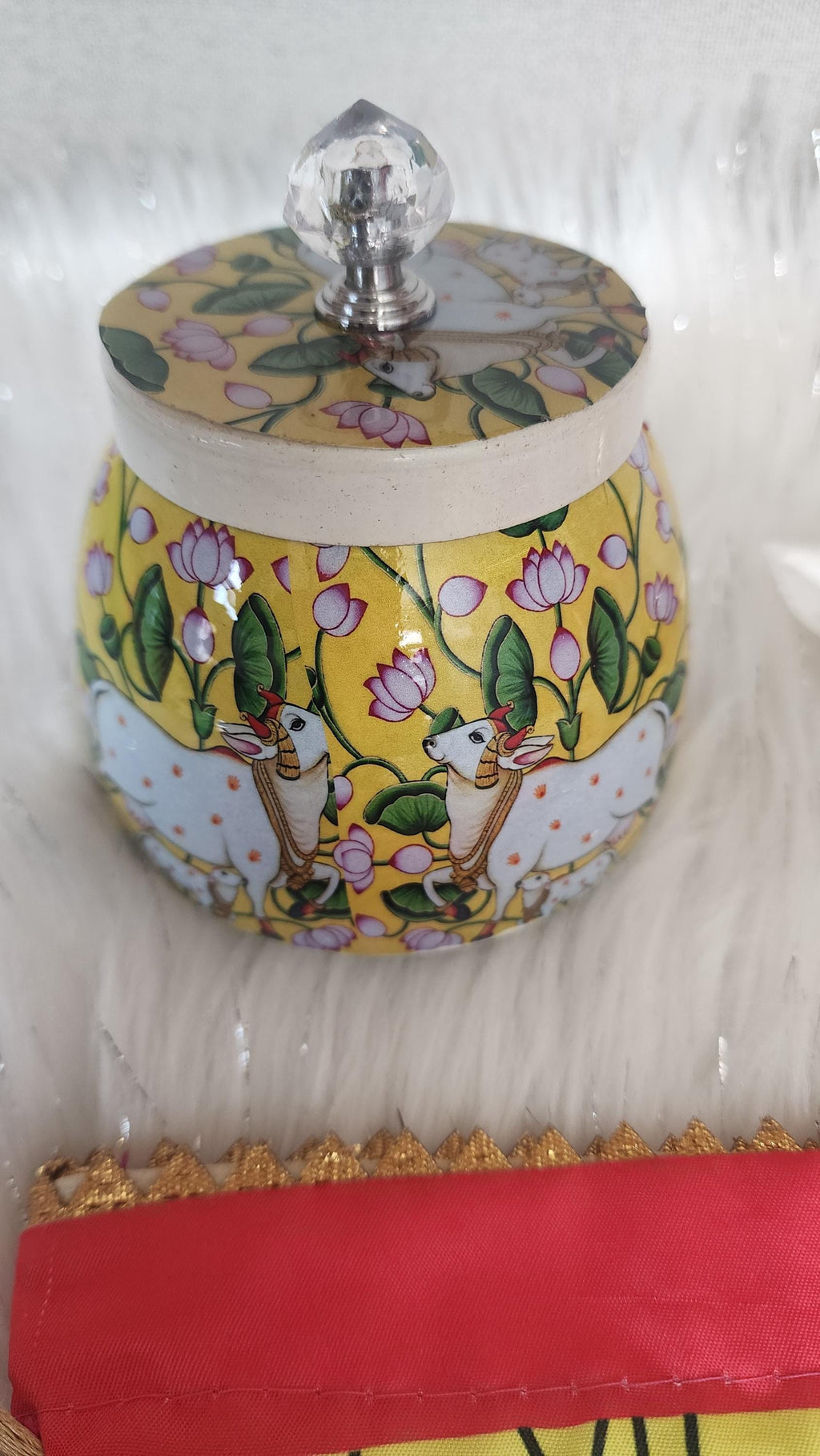 Pichwai Print Potli Bag Set: Nandi Jar & Haldi Kumkum Plate.