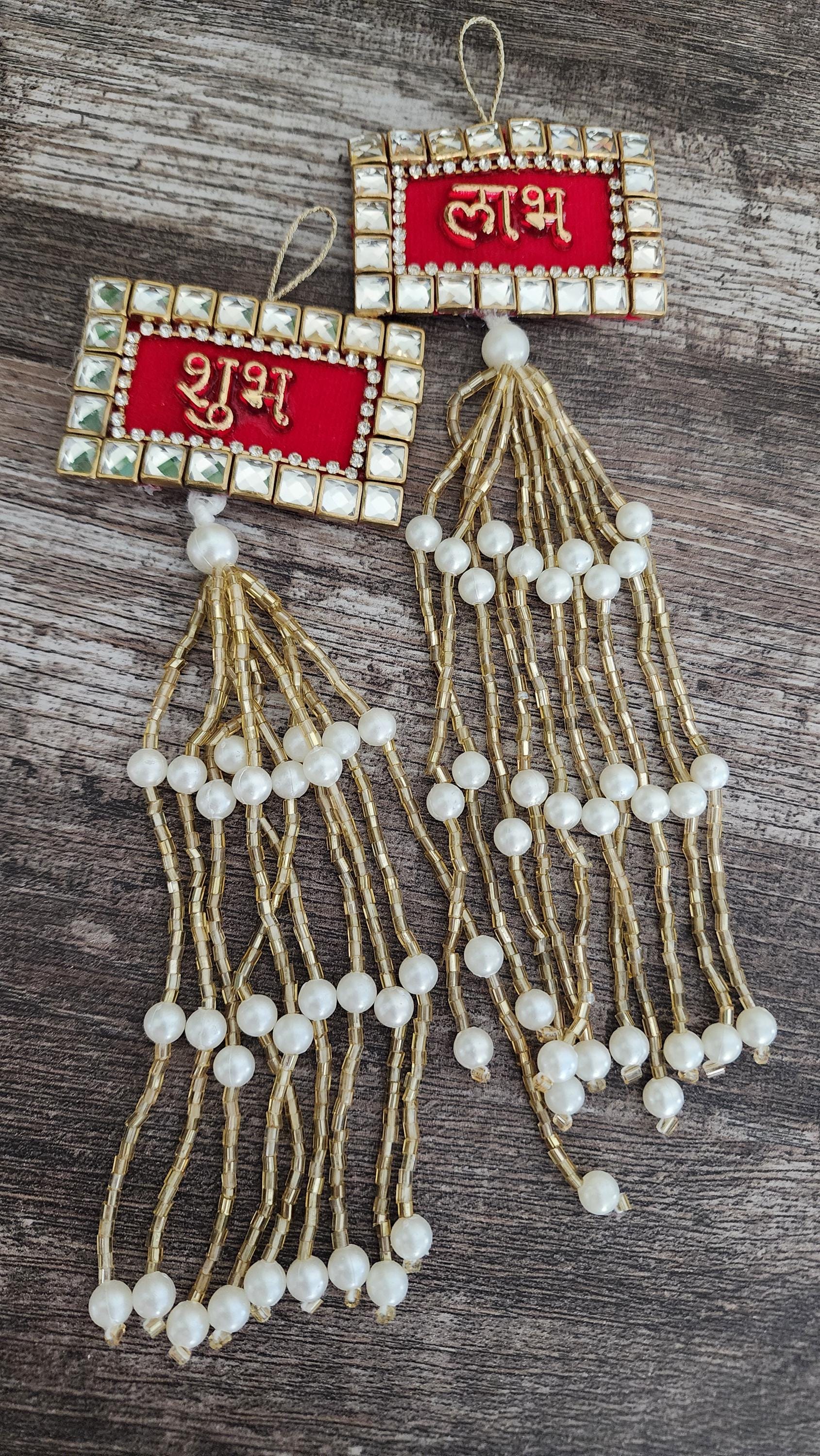 Kundan Shubh-Labh Hanging: Red Velvet Diwali Mandir Decor.