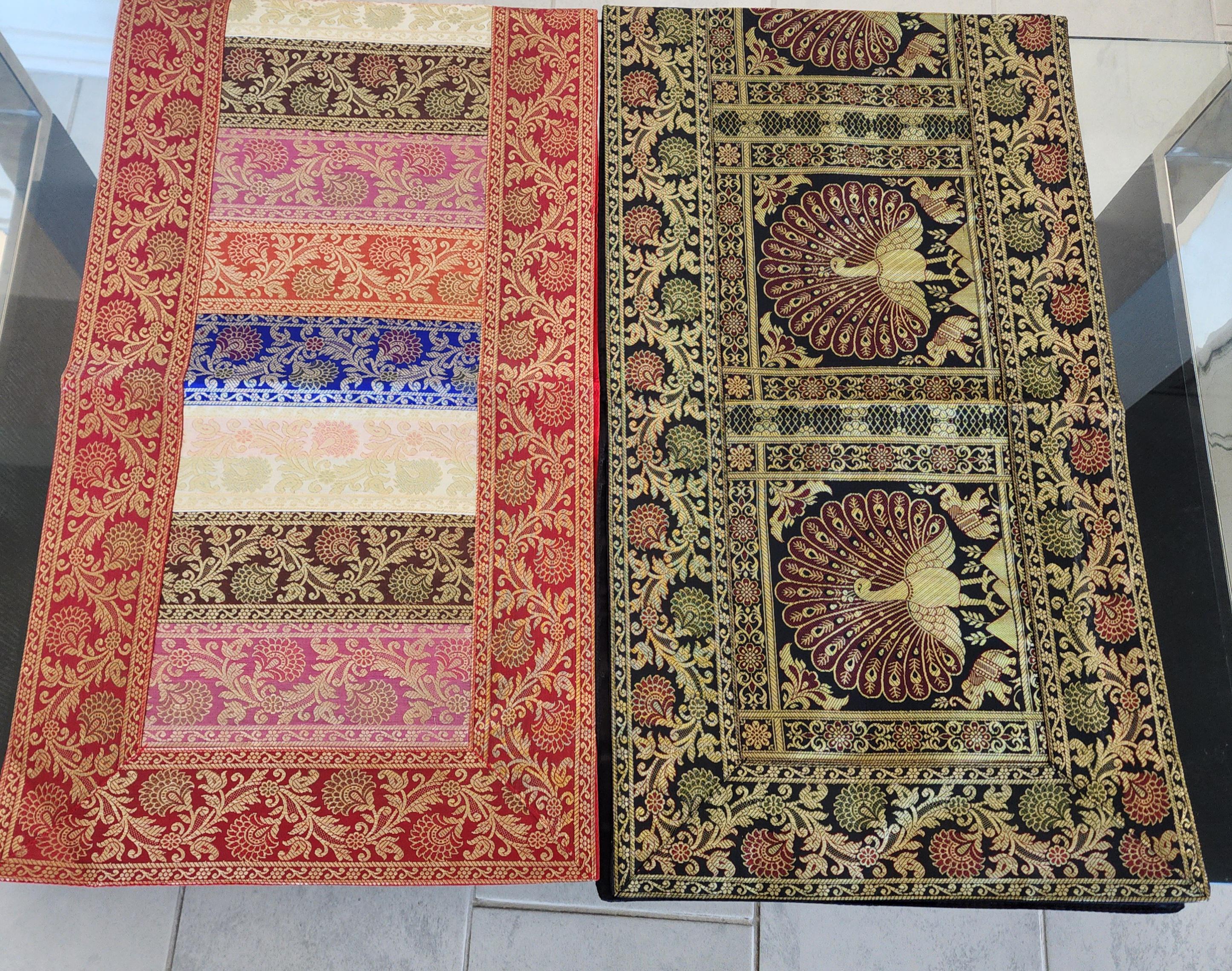 Peacock Print Silk Brocade Table Runner - Indian Decor (16x60 Inch)