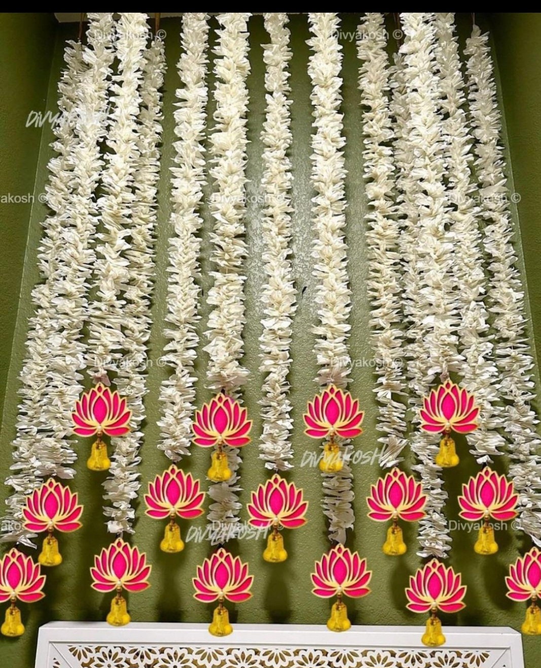 Pink Lotus Garland with Bells: Indian Wedding Temple Decor