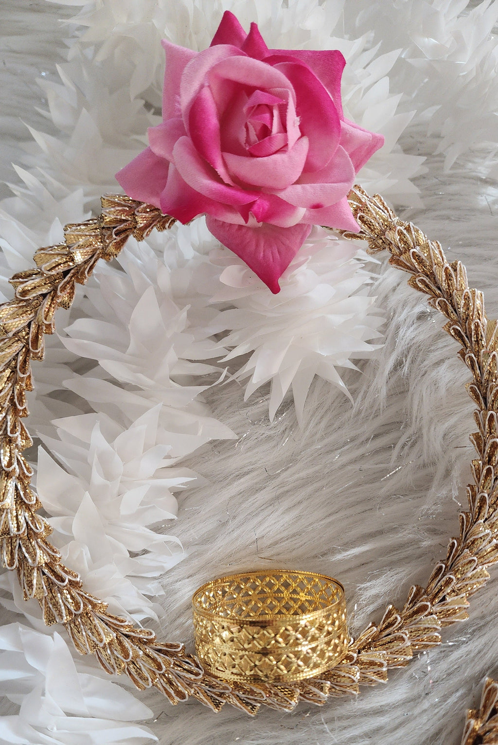 Handmade Pink Rose Garland with Golden Ring: Indian Wedding Diwali Decor.