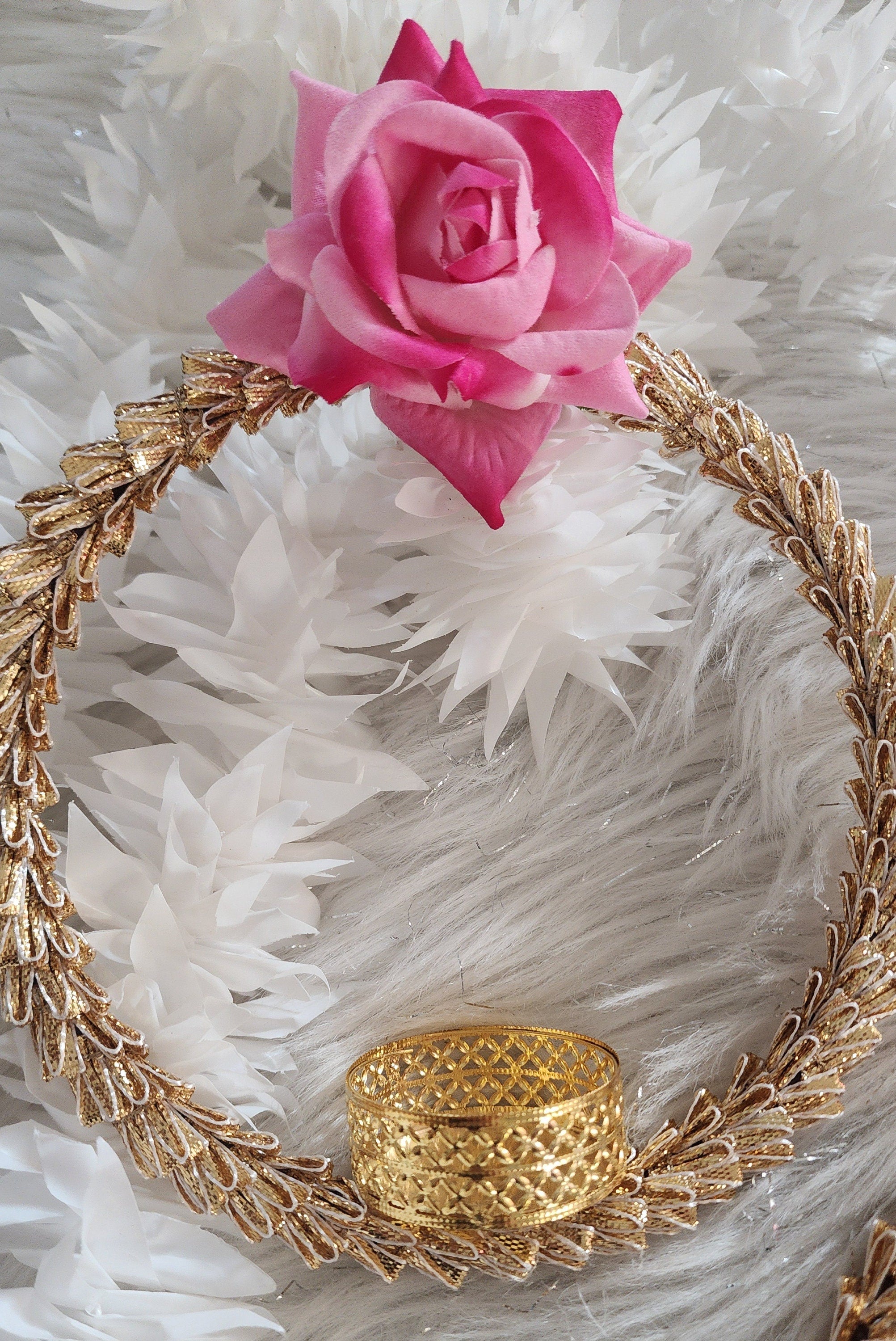 Handmade Pink Rose Garland with Golden Ring: Indian Wedding Diwali Decor.