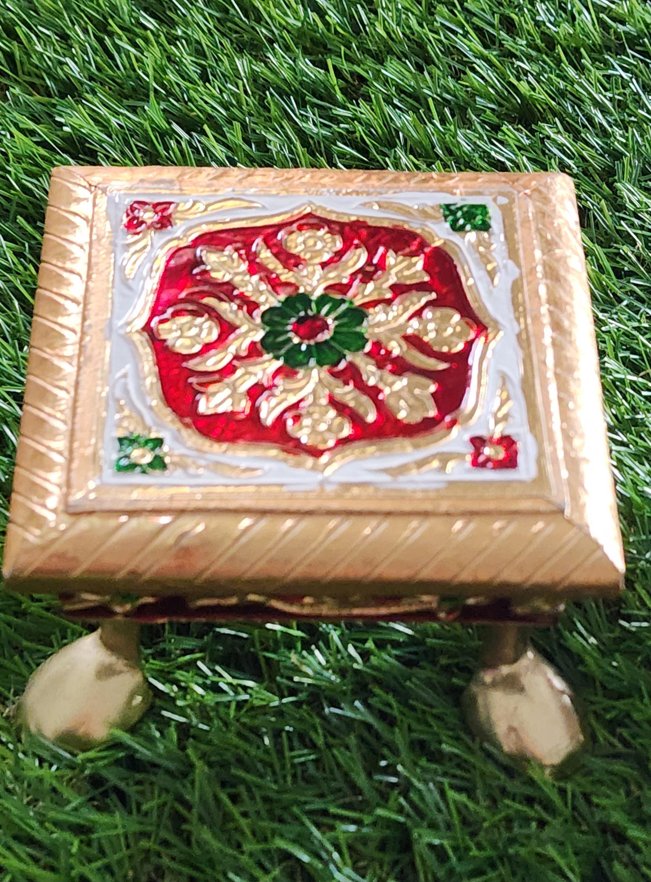 Meenakari Handmade Wooden Chowki: Pooja Stool Table for God Idols.