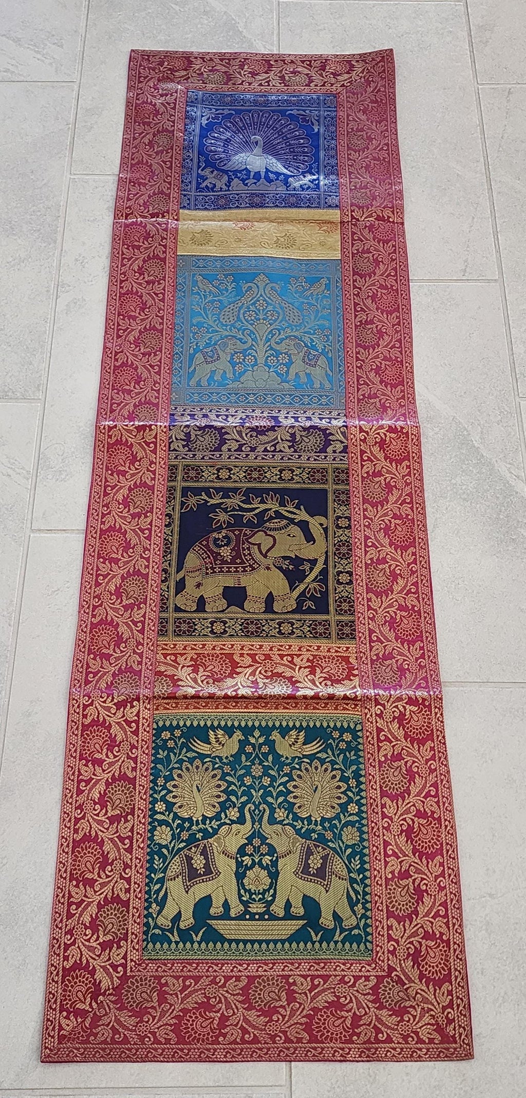 Elephant with peacock Print Silk Brocade Table Runner: Indian Decor (16X60 Inch)
