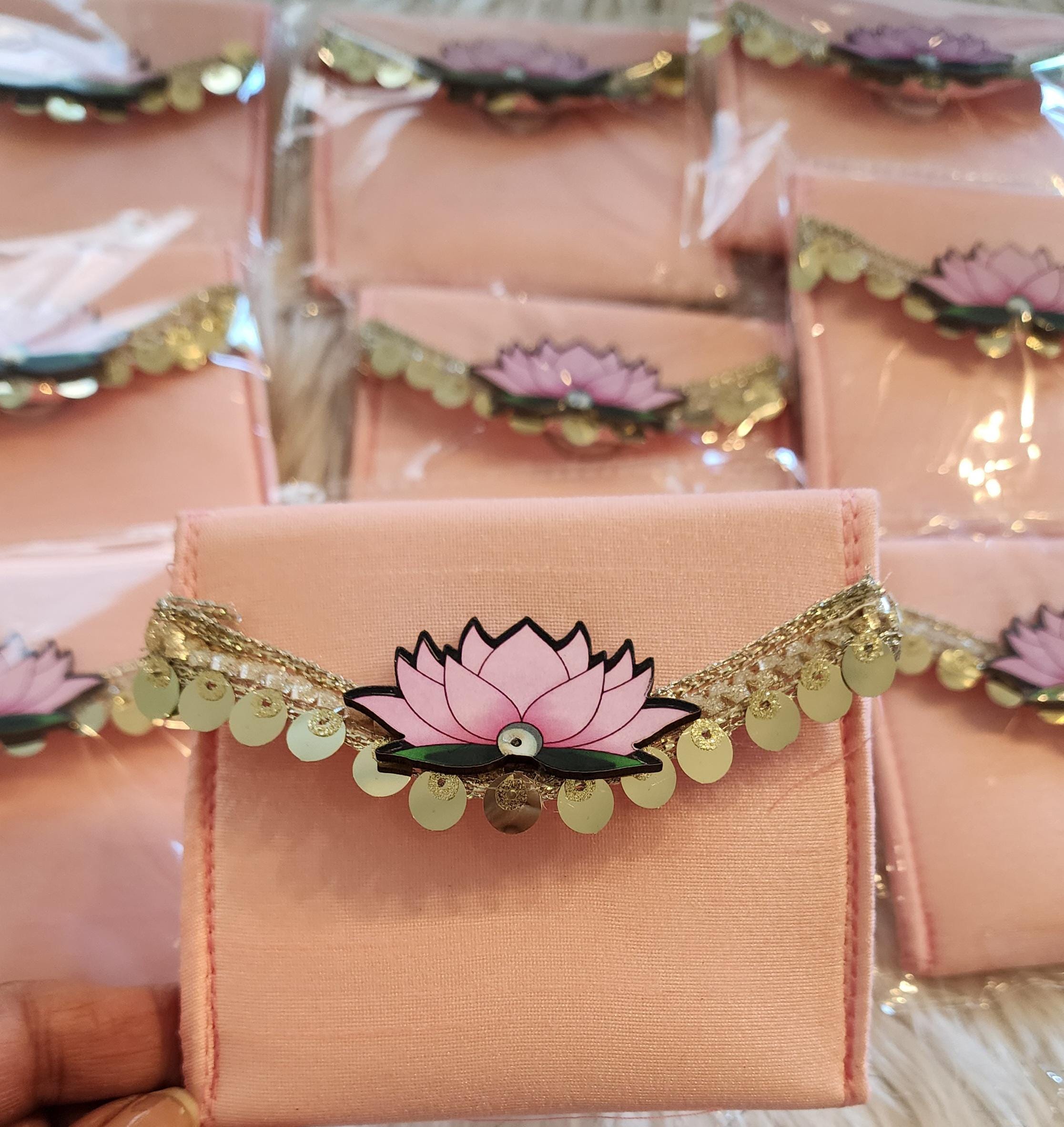 Set of 5 Handcrafted Lotus Pouches: Colorful Diwali Wedding Favors.