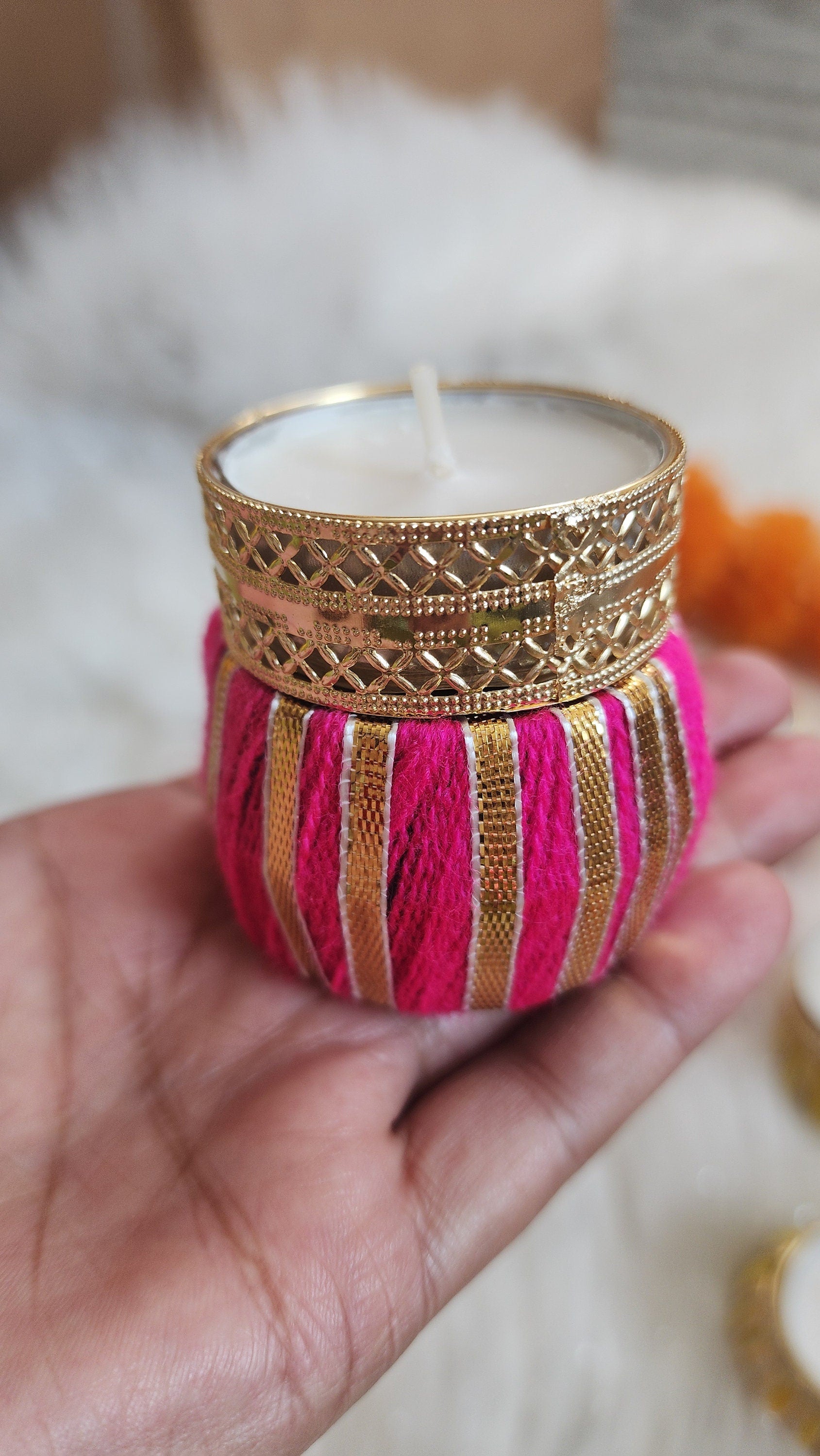 Handmade Multicolor Tea Light Holder: Diwali Favor, Pooja Decor (2.5 inches)