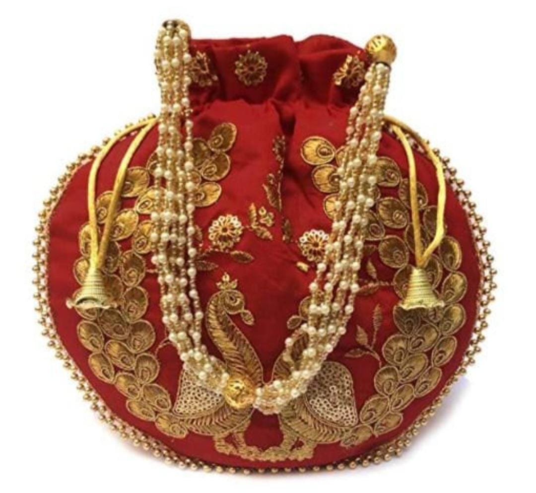 Embroidered Silk Peacock Print Potli Bag: Indian Wedding Favor, Henna Party Gift