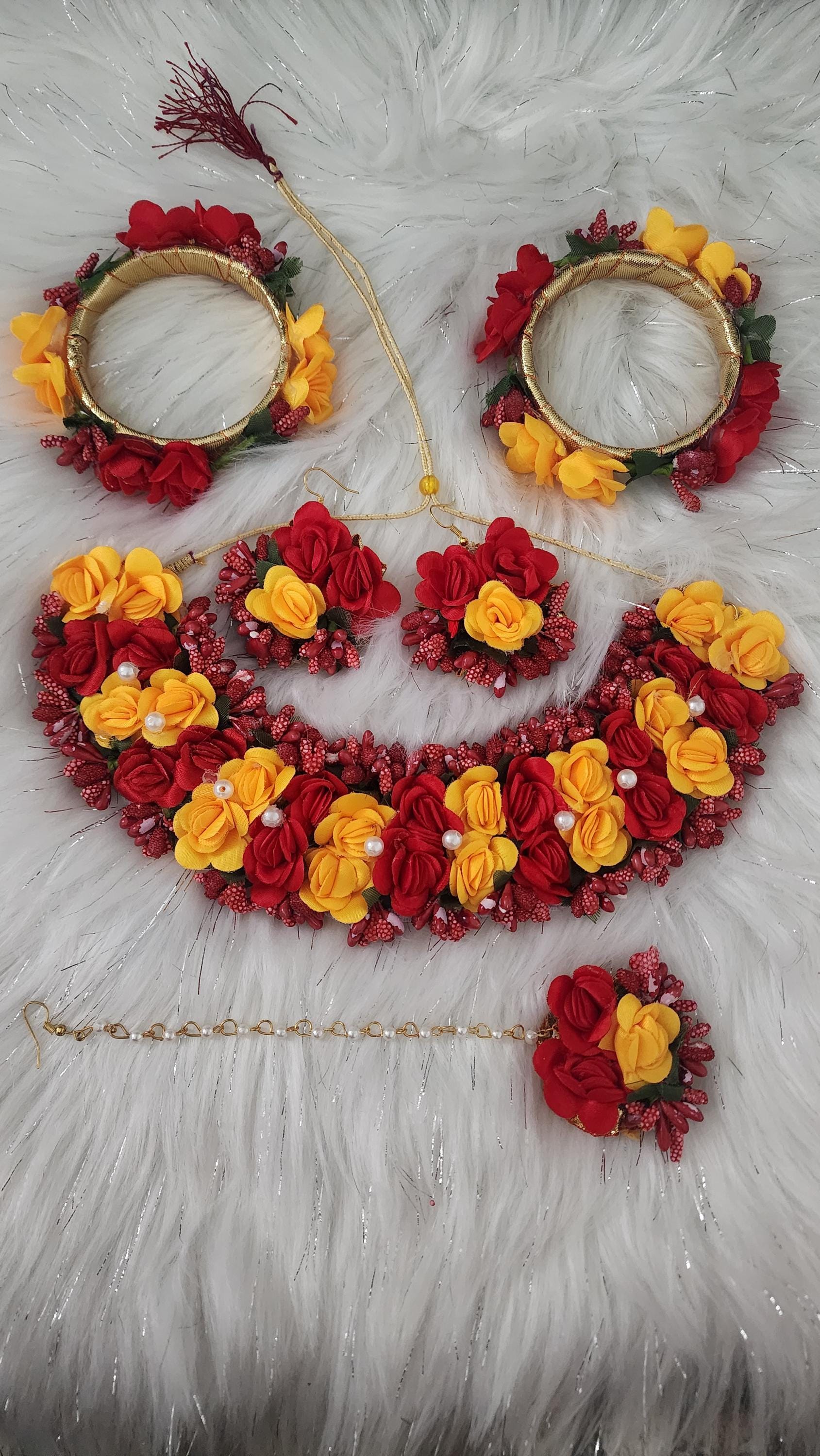 Floral Haldi Mehandi Jewelry Set: Necklace, Earrings, Maang Tikka & Hand Gajra
