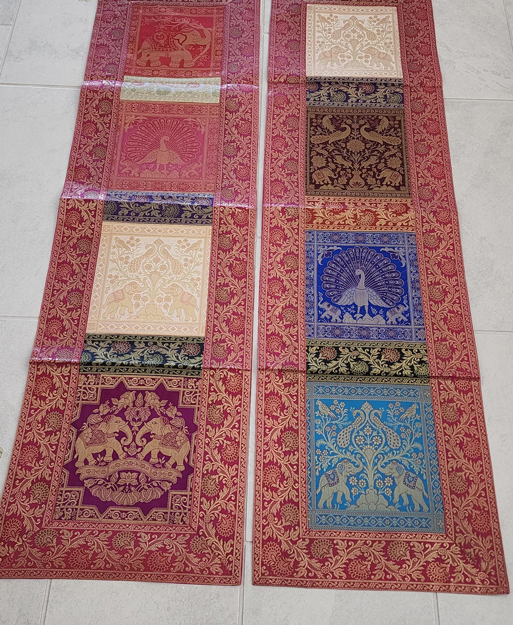 Elephant with peacock Print Silk Brocade Table Runner: Indian Decor (16X60 Inch)