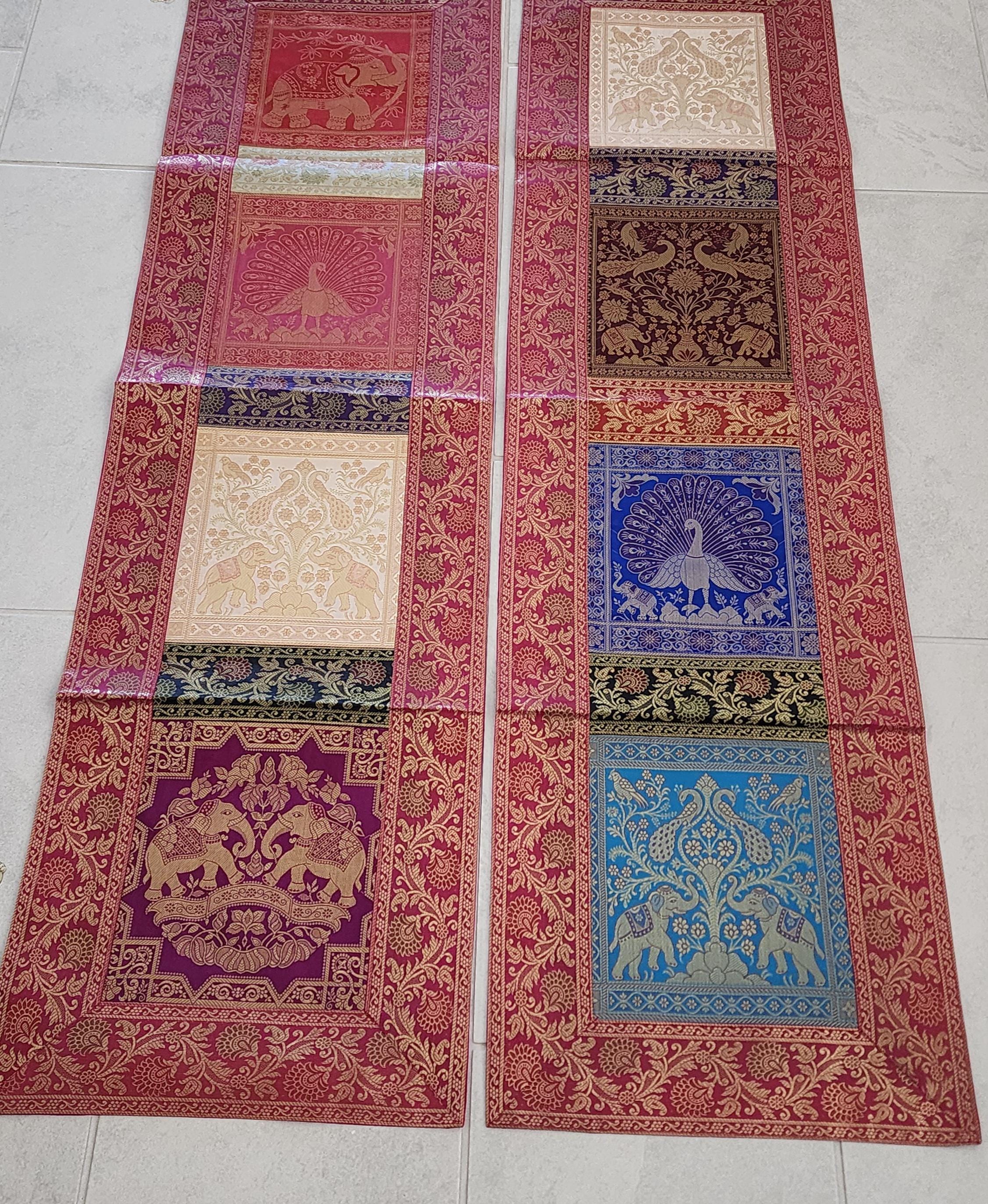 Elephant with peacock Print Silk Brocade Table Runner: Indian Decor (16X60 Inch)