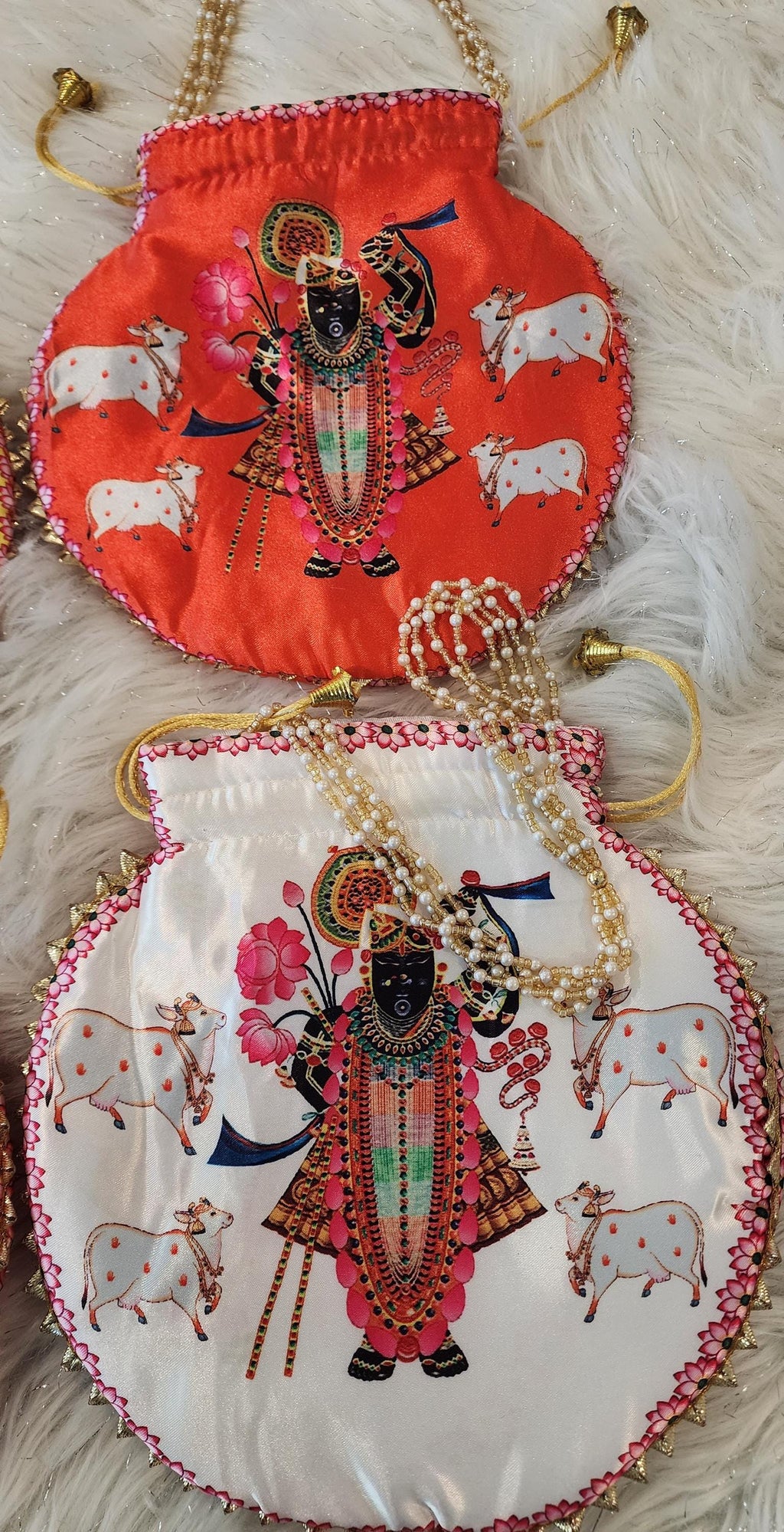 Shreenath ji God Potli Bag: Embroidered Silk Clutch, Indian Wedding Favor.