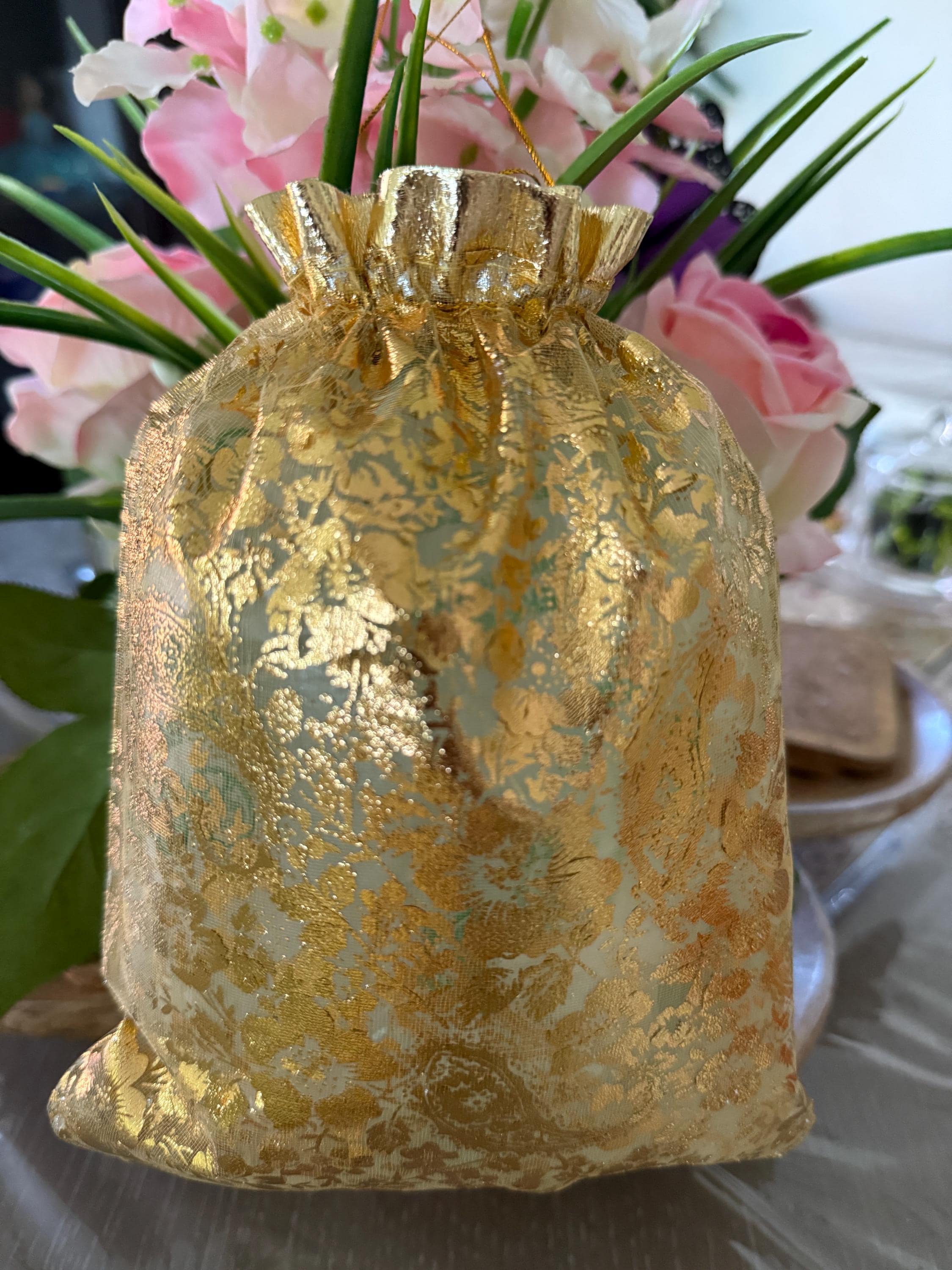 Embellished Organza Favor Bag: Handcrafted Potli with Drawstring