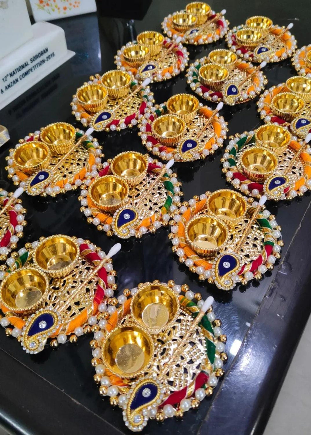 Handcrafted Multicolor Haldi Kumkum Plate: Pooja Favor with Stick