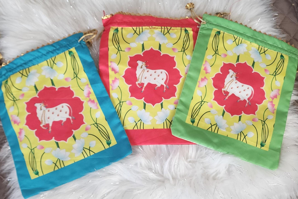 Pichwai Print Potli Bag Set: Pooja Decor, Wedding Favor - 4 Piece