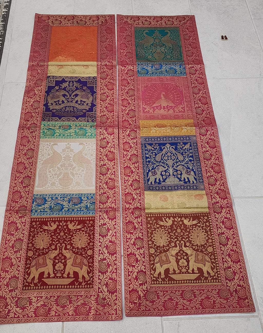 Elephant with peacock Print Silk Brocade Table Runner: Indian Decor (16X60 Inch)