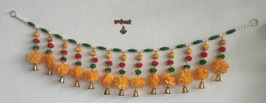 Handmade Indian Toran: Silk Door Hanging with Bells (38 x 6 inch)