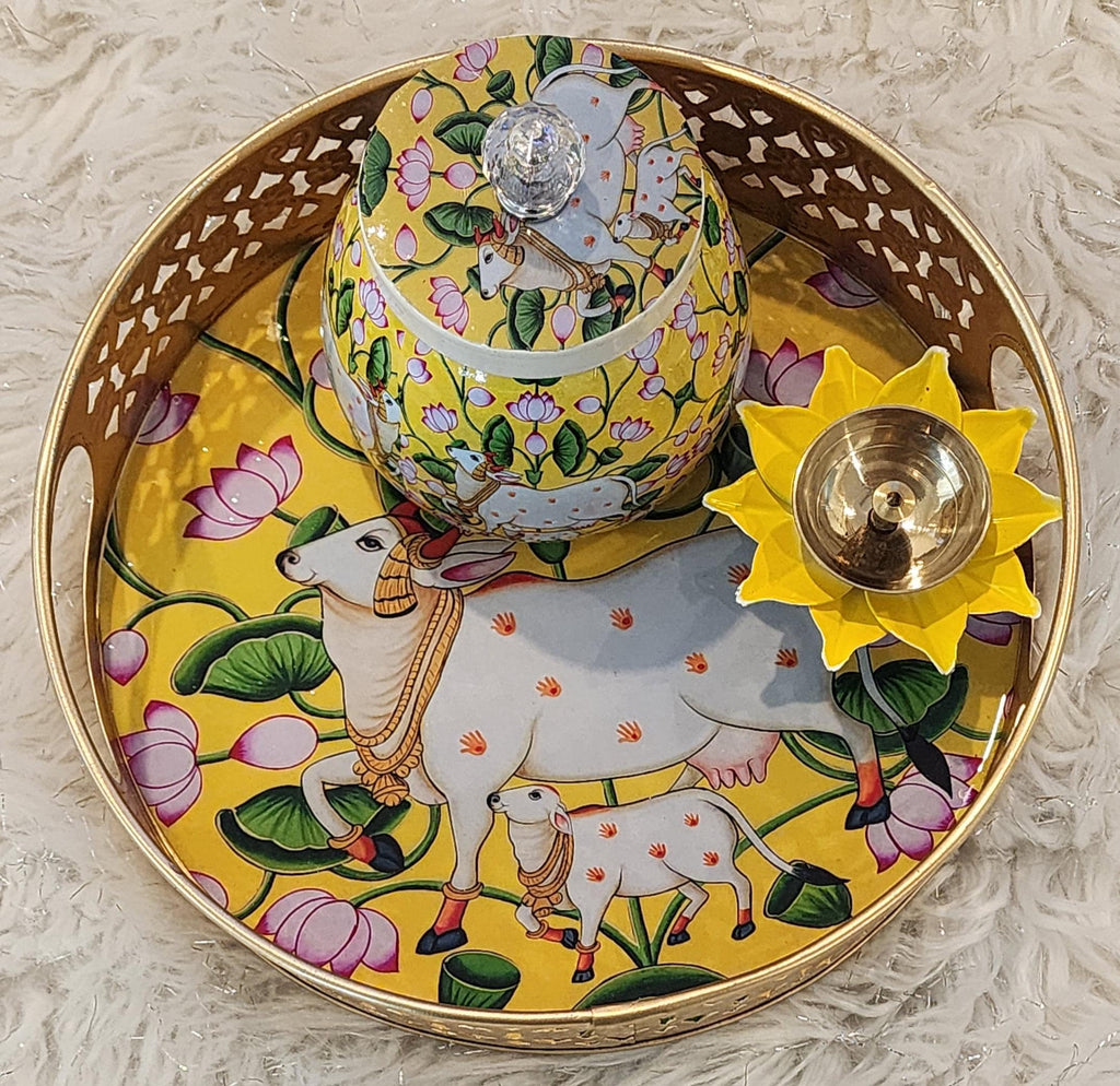 Pichwai Art Metal Tray Set: Nandi Cow Design, Indian Home Decor.