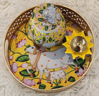 Pichwai Art Metal Tray Set: Nandi Cow Design, Indian Home Decor.