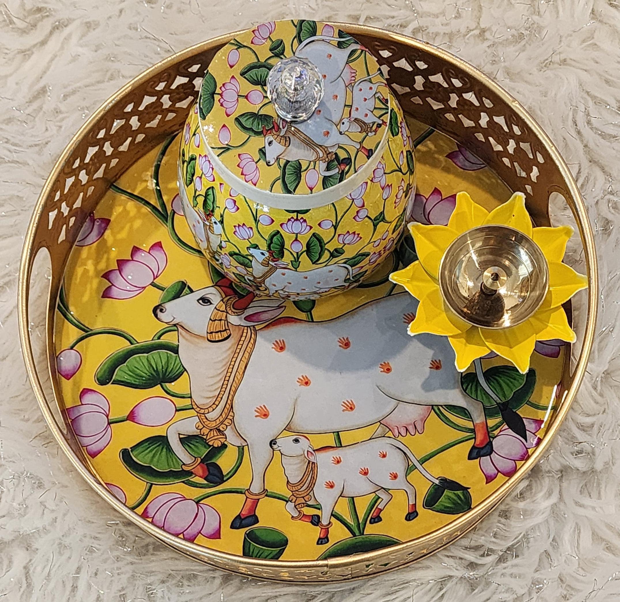 Pichwai Art Metal Tray Set: Nandi Cow Design, Indian Home Decor.