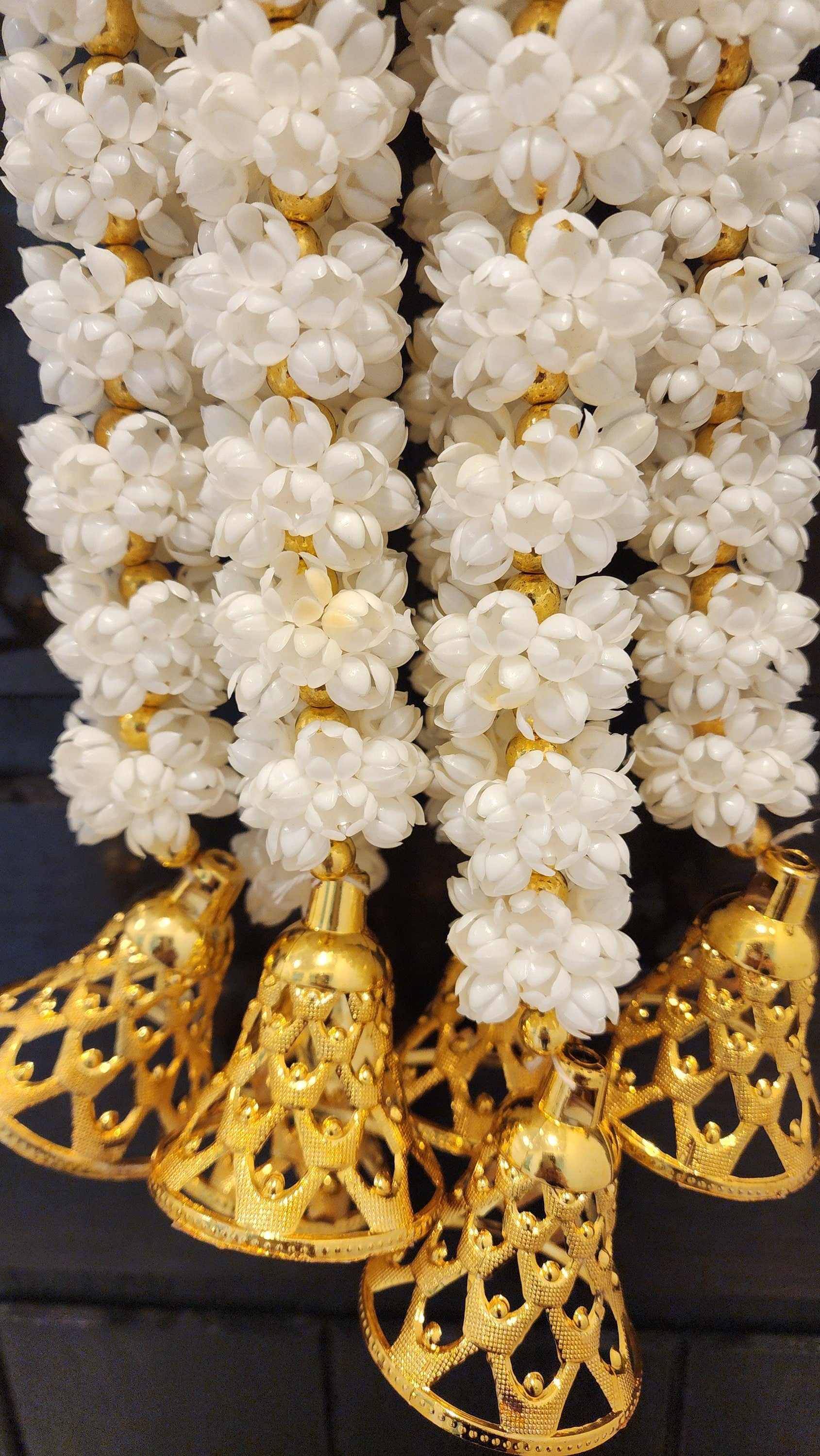 Mogra Bell Garland: White & Gold Artificial Flower String (Pack of 8)