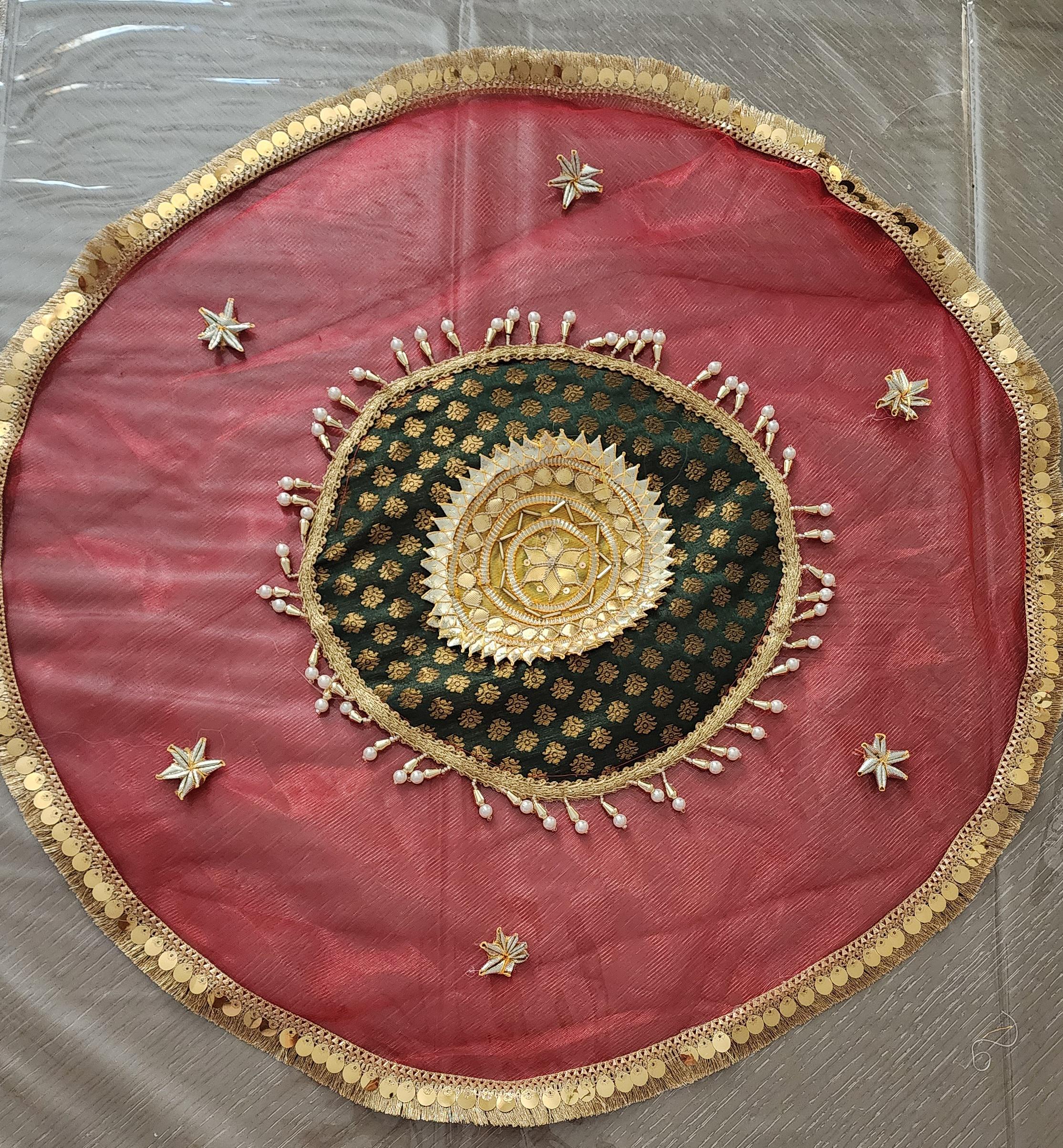 Handmade Organza Thali Cover: Indian Wedding Decor, Gota Embellished (21 inches)