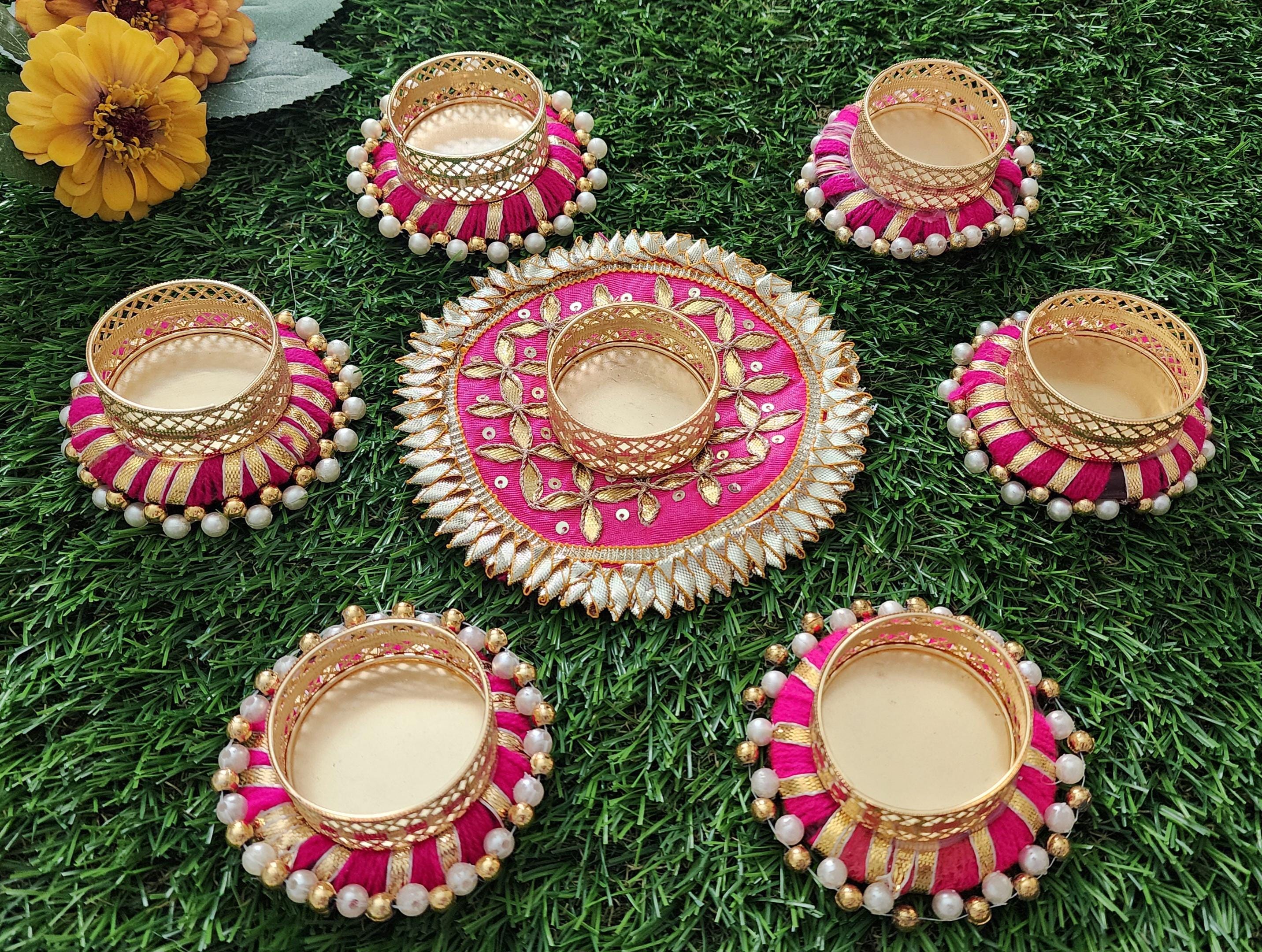 Handmade Gotta Work Rangoli Set: Diwali Tealight Candle Holders
