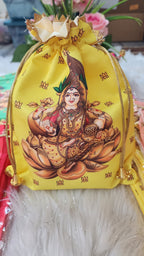 Lakshmi Print Silk Potli Bags - Hindu Wedding Favor Bags.