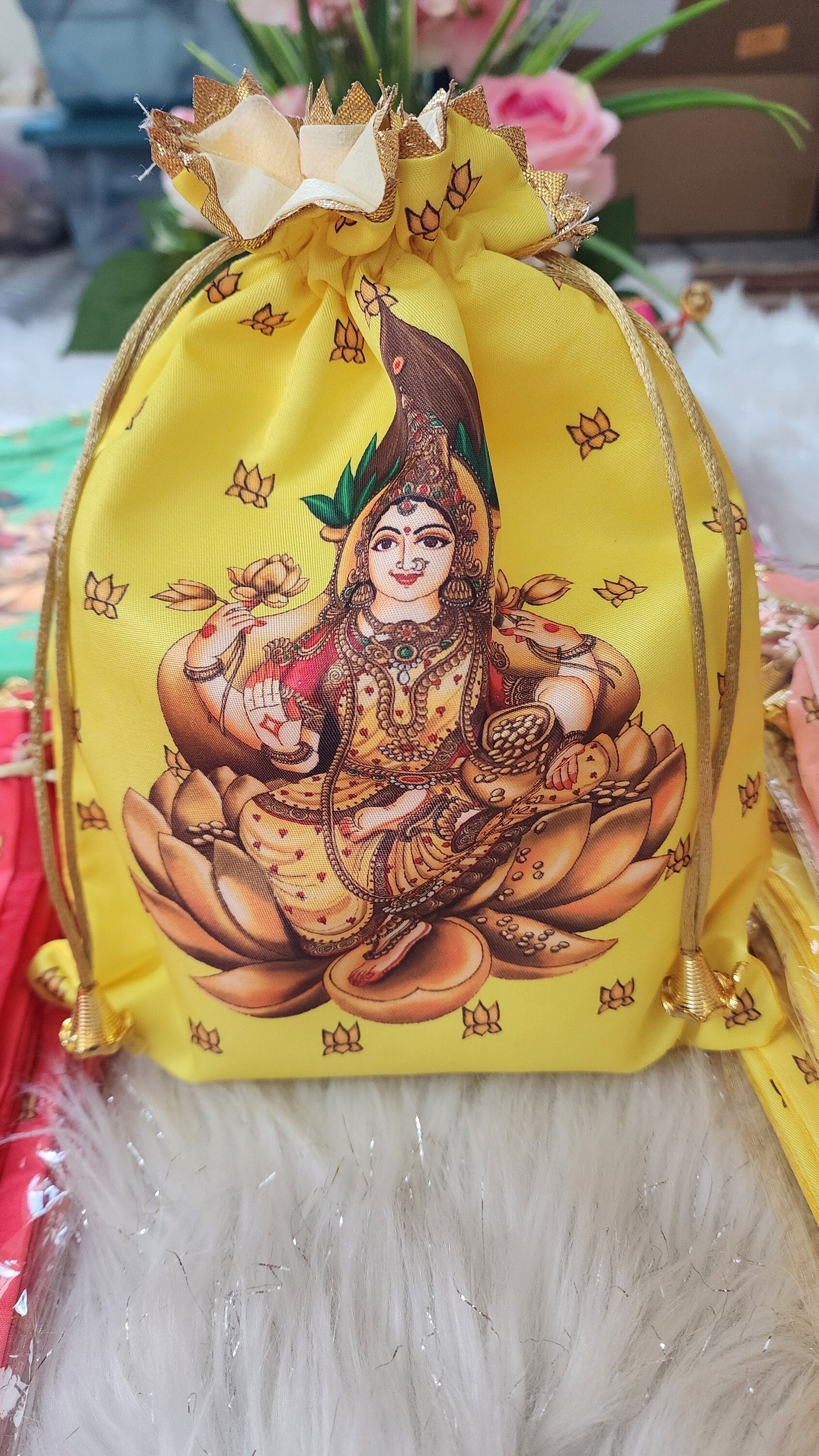 Lakshmi Print Silk Potli Bags - Hindu Wedding Favor Bags.