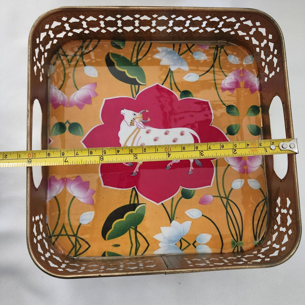 Pichwai Handmade Art Metal SquareTray Nandi Cow Design, Gift Favor.
