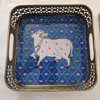 Pichwai Handmade Art Metal SquareTray Nandi Cow Design, Gift Favor.