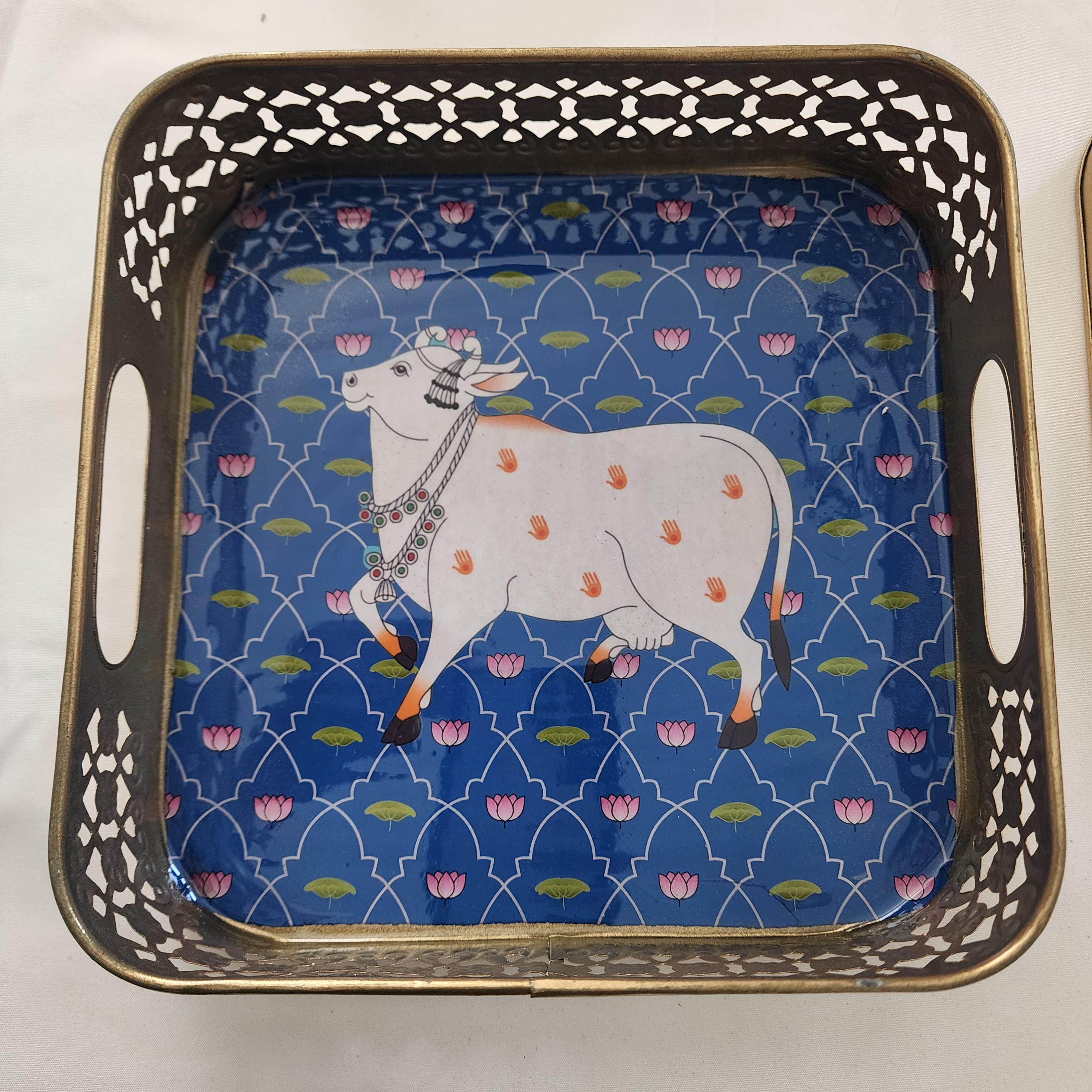 Pichwai Handmade Art Metal SquareTray Nandi Cow Design, Gift Favor.