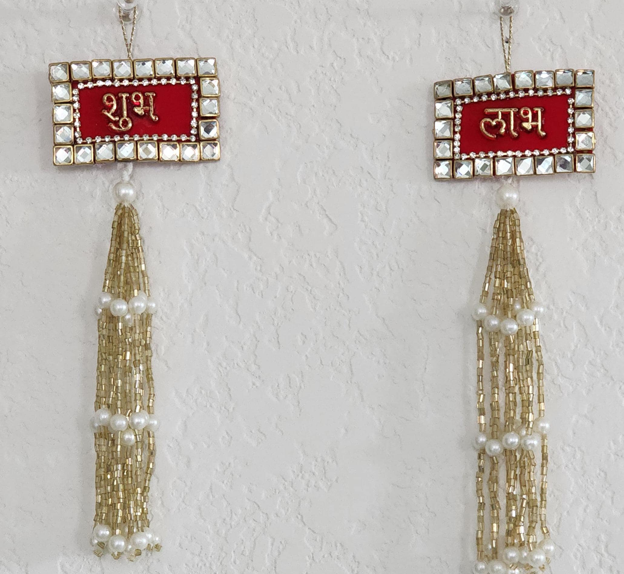 Kundan Shubh-Labh Hanging: Red Velvet Diwali Mandir Decor.