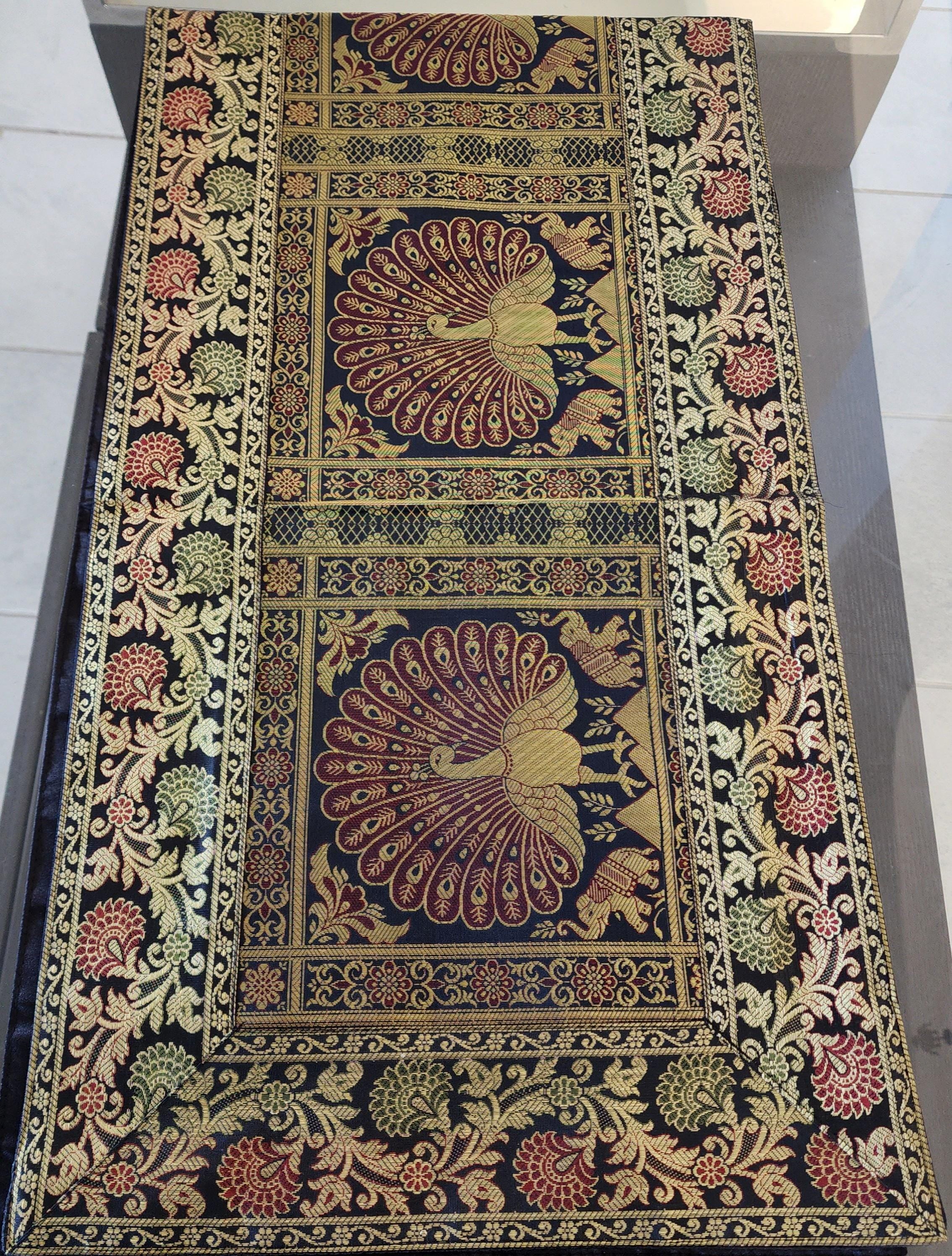 Peacock Print Silk Brocade Table Runner - Indian Decor (16x60 Inch)