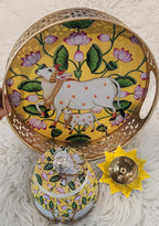 Pichwai Art Metal Tray Set: Nandi Cow Design, Indian Home Decor.